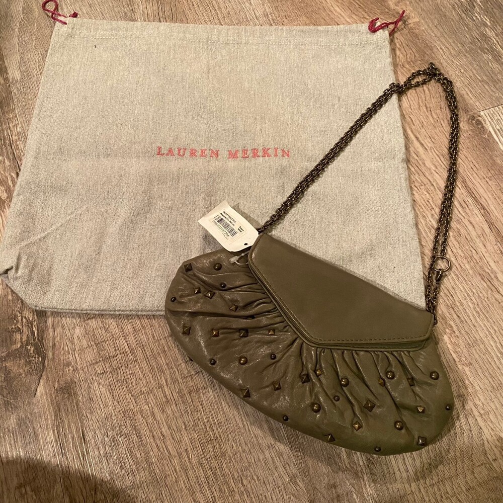 Vintage Lauren Merkin olive green studded‎ crossbody chain clutch mini bag